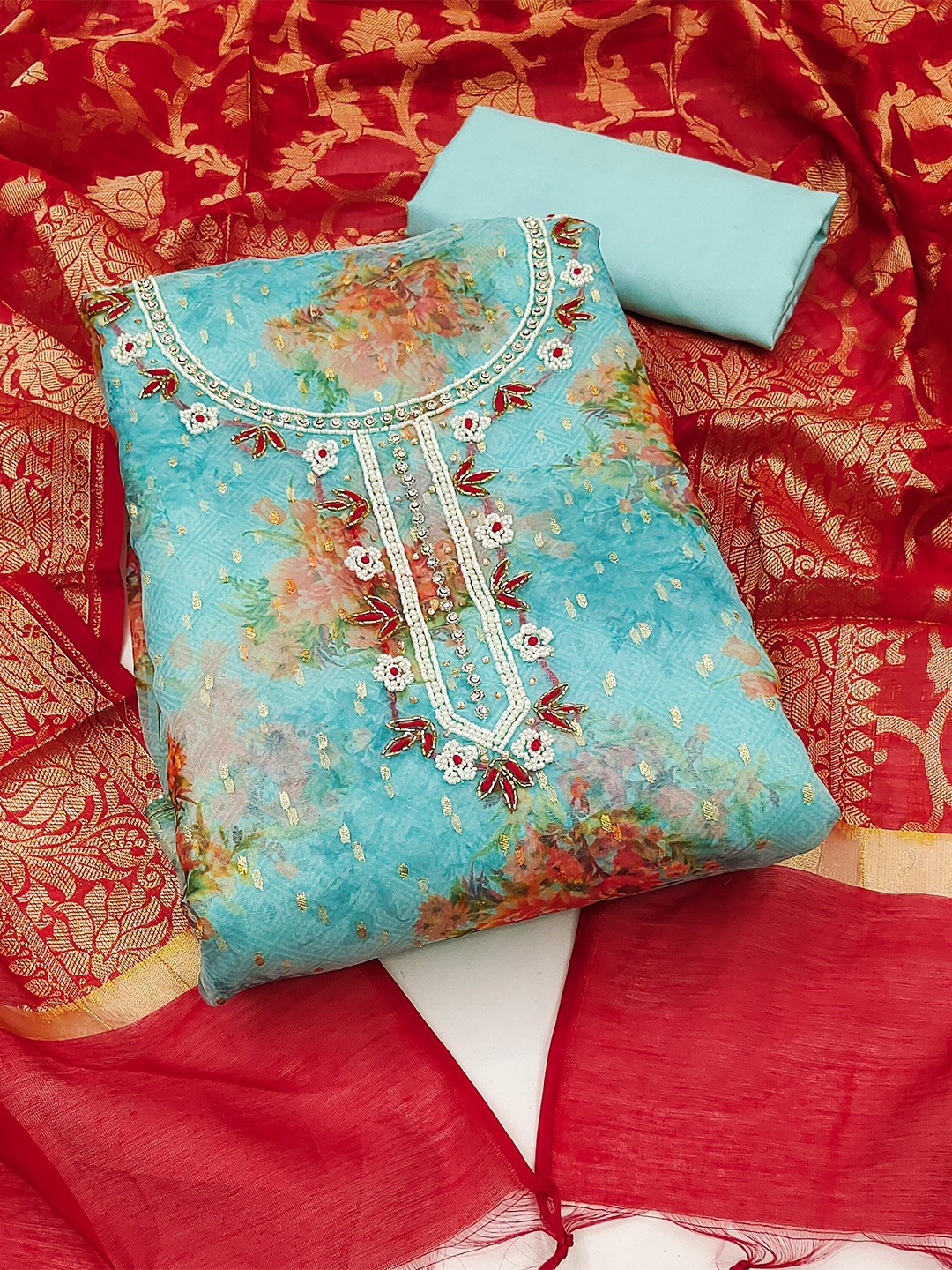 

MAHALASA Floral Embroidered Unstitched Dress Material, Turquoise blue