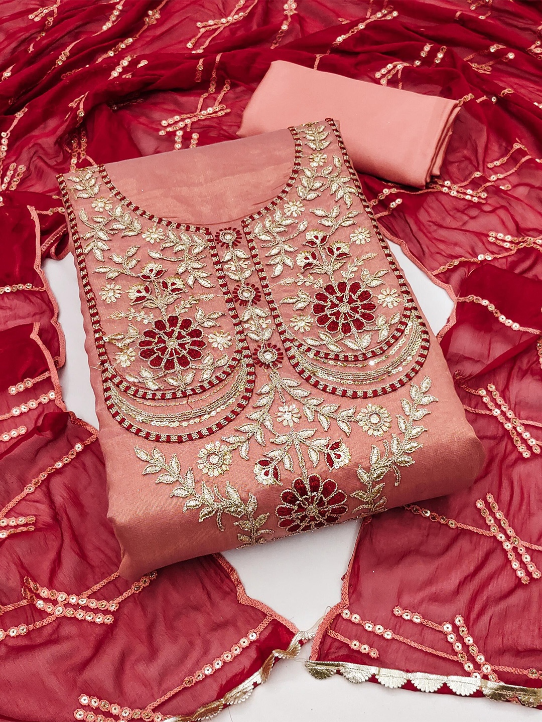 

MAHALASA Ethnic Motifs Embroidered Stones & Beads Unstitched Dress Material, Red