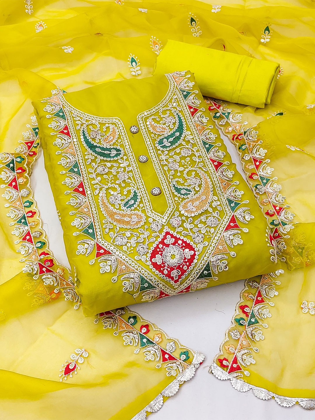 

MAHALASA Ethnic Motifs Embroidered Sequined Unstitched Dress Material, Yellow