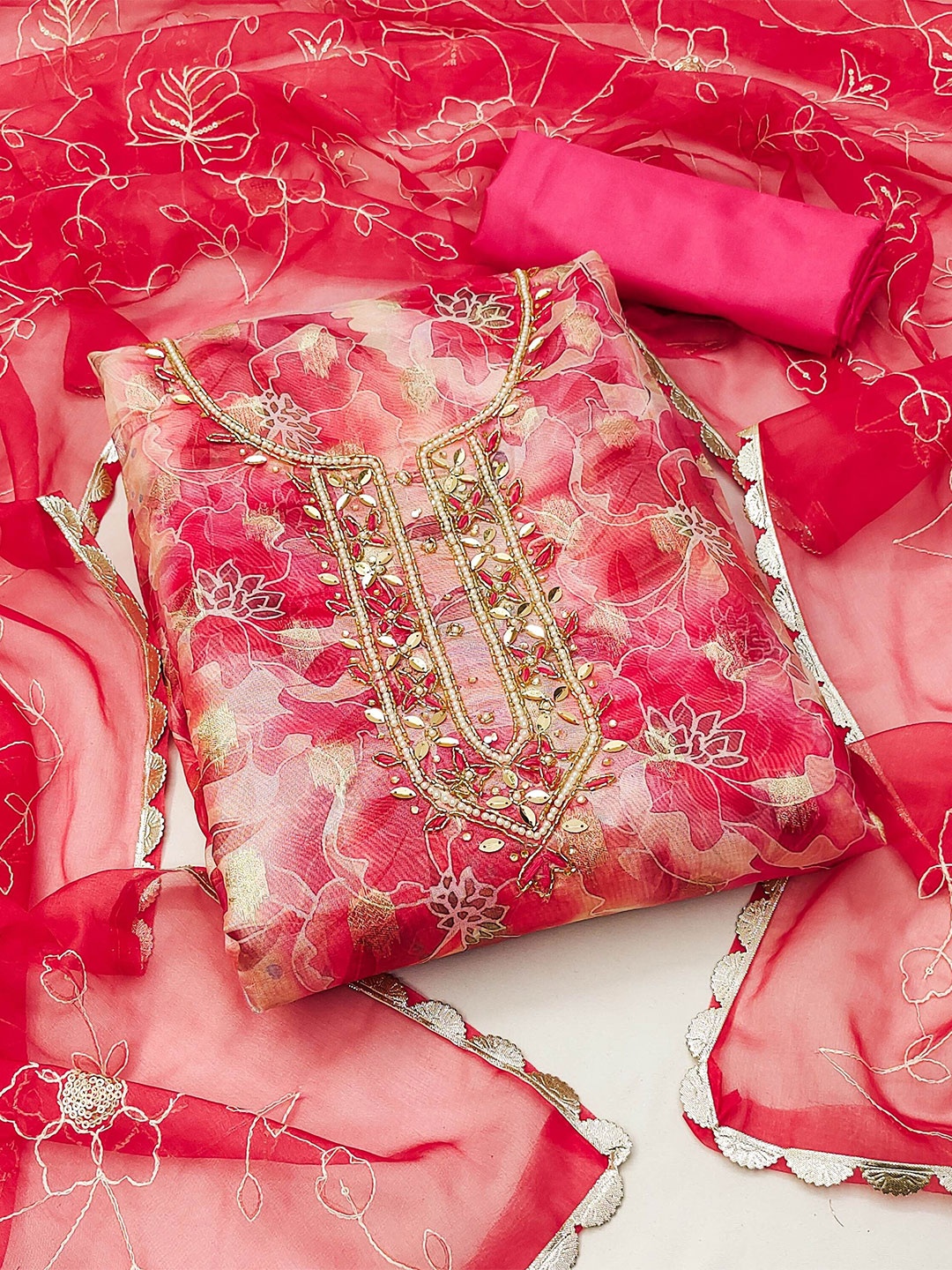 

MAHALASA Floral Printed Beads and Stones Unstitched Dress Material, Pink