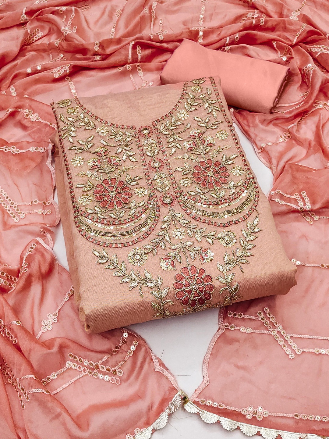 

MAHALASA Ethnic Motifs Embroidered Beads & Stones Unstitched Dress Material, Peach