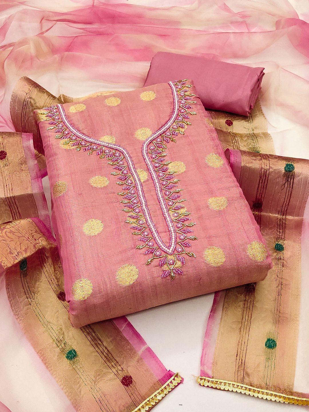 

MAHALASA Ethnic Motifs Woven Design Beads and Stones Unstitched Dress Material, Pink