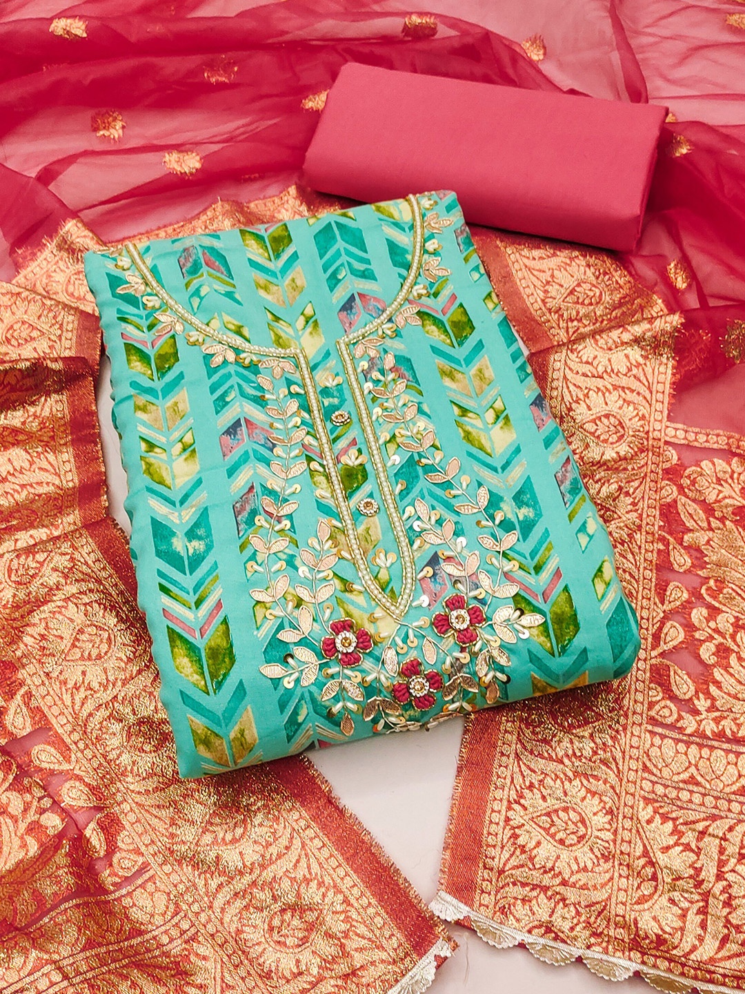 

MAHALASA Printed Beads & Stones Unstitched Dress Material, Turquoise blue