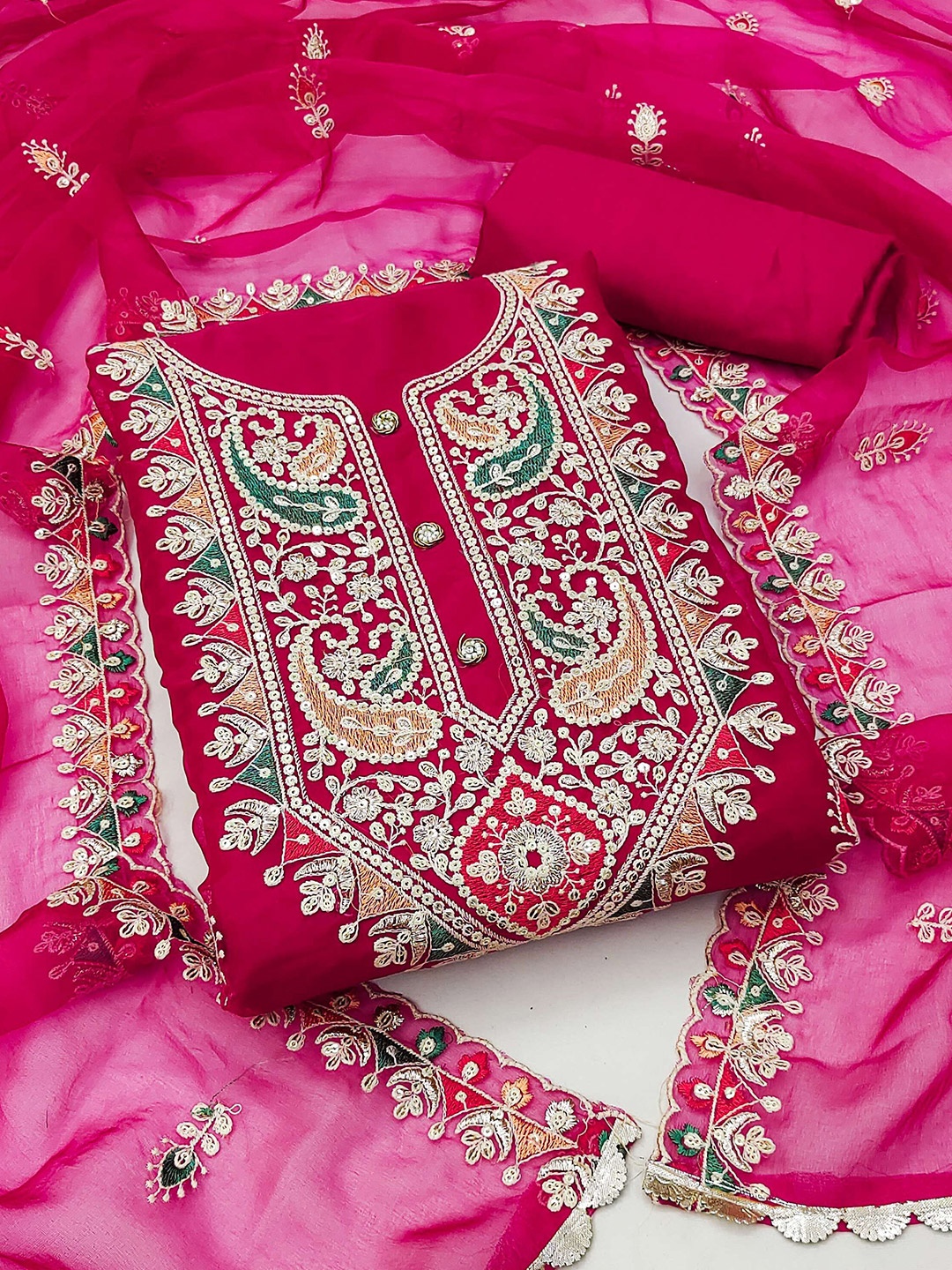 

MAHALASA Ethnic Motifs Embroidered Stones & Beads Unstitched Dress Material, Pink