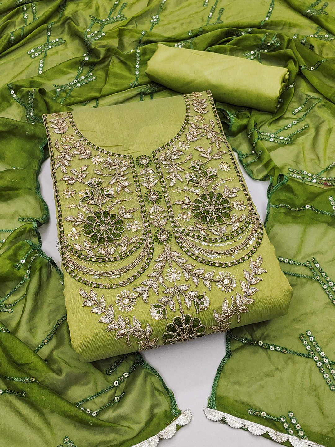 

MAHALASA Ethnic Motifs Embroidered Beads & Stones Unstitched Dress Material, Green