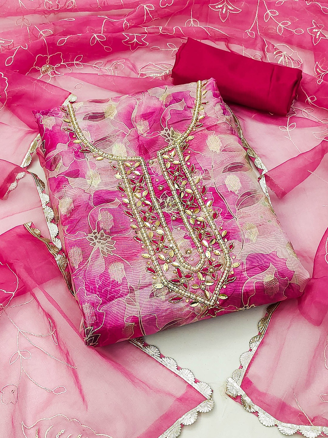 

MAHALASA Floral Printed Beads & Stones Unstitched Dress Material, Pink