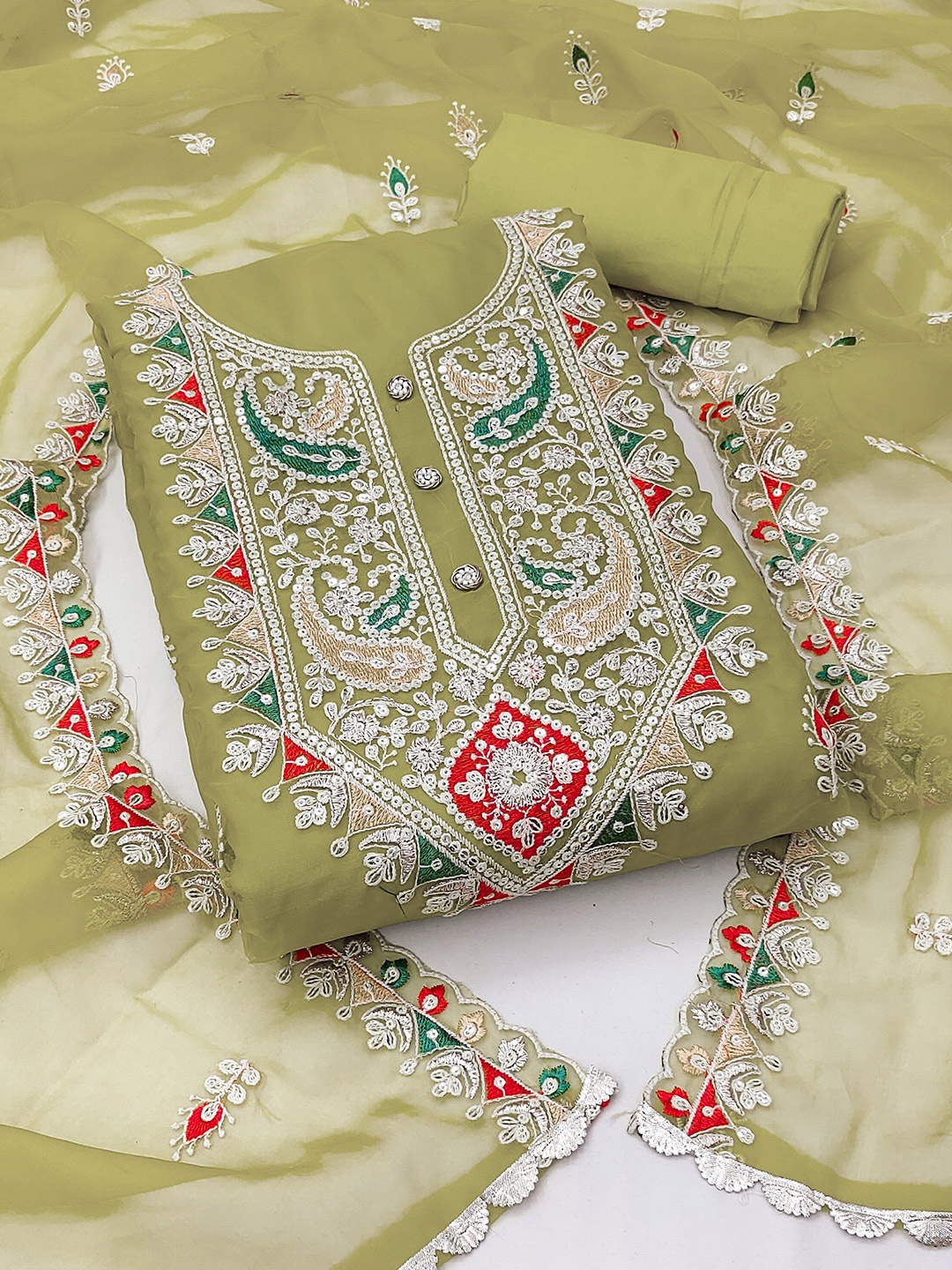 

MAHALASA Ethnic Motifs Embroidered Beads & Stones Unstitched Dress Material, Olive