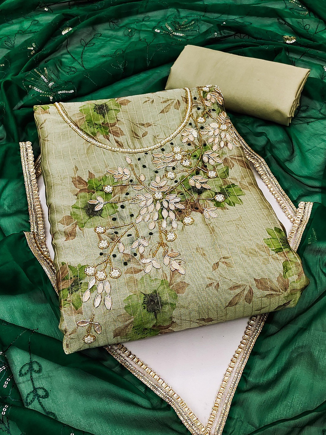

MAHALASA Floral Printed Stones & BeadsUnstitched Dress Material, Green