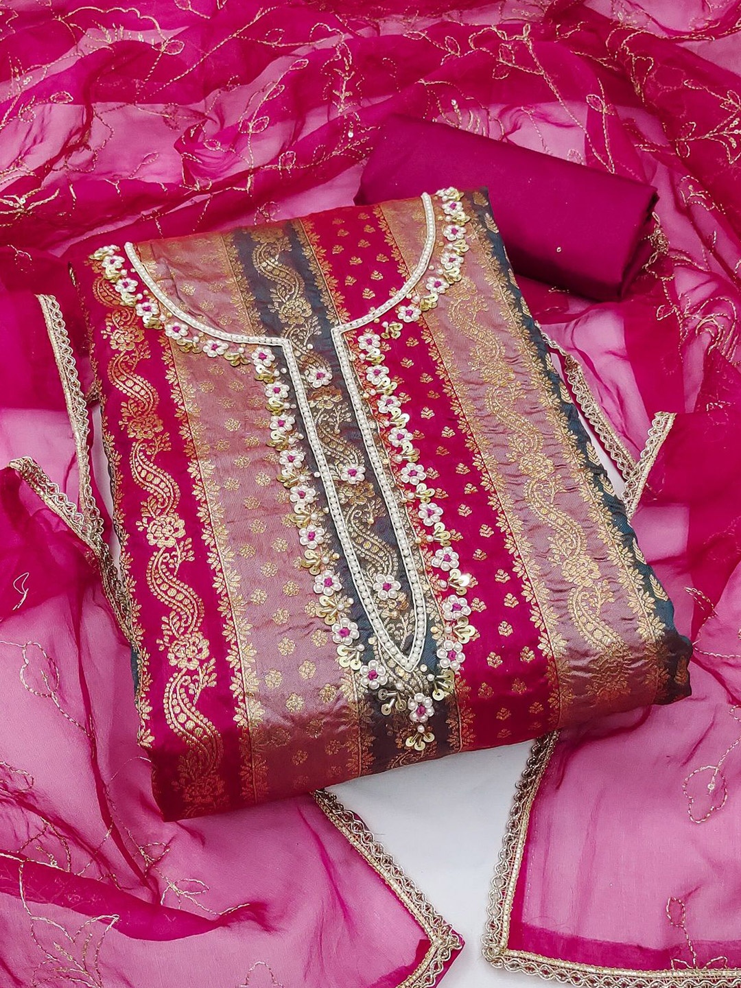 

MAHALASA Ethnic Motifs Woven Designed Beads & Stones Unstitched Dress Material, Pink