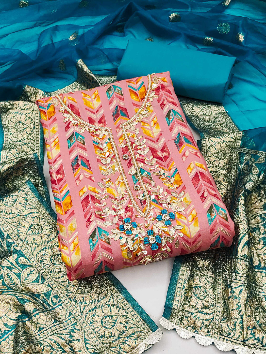 

MAHALASA Printed Beads & Stones Unstitched Dress Material, Pink