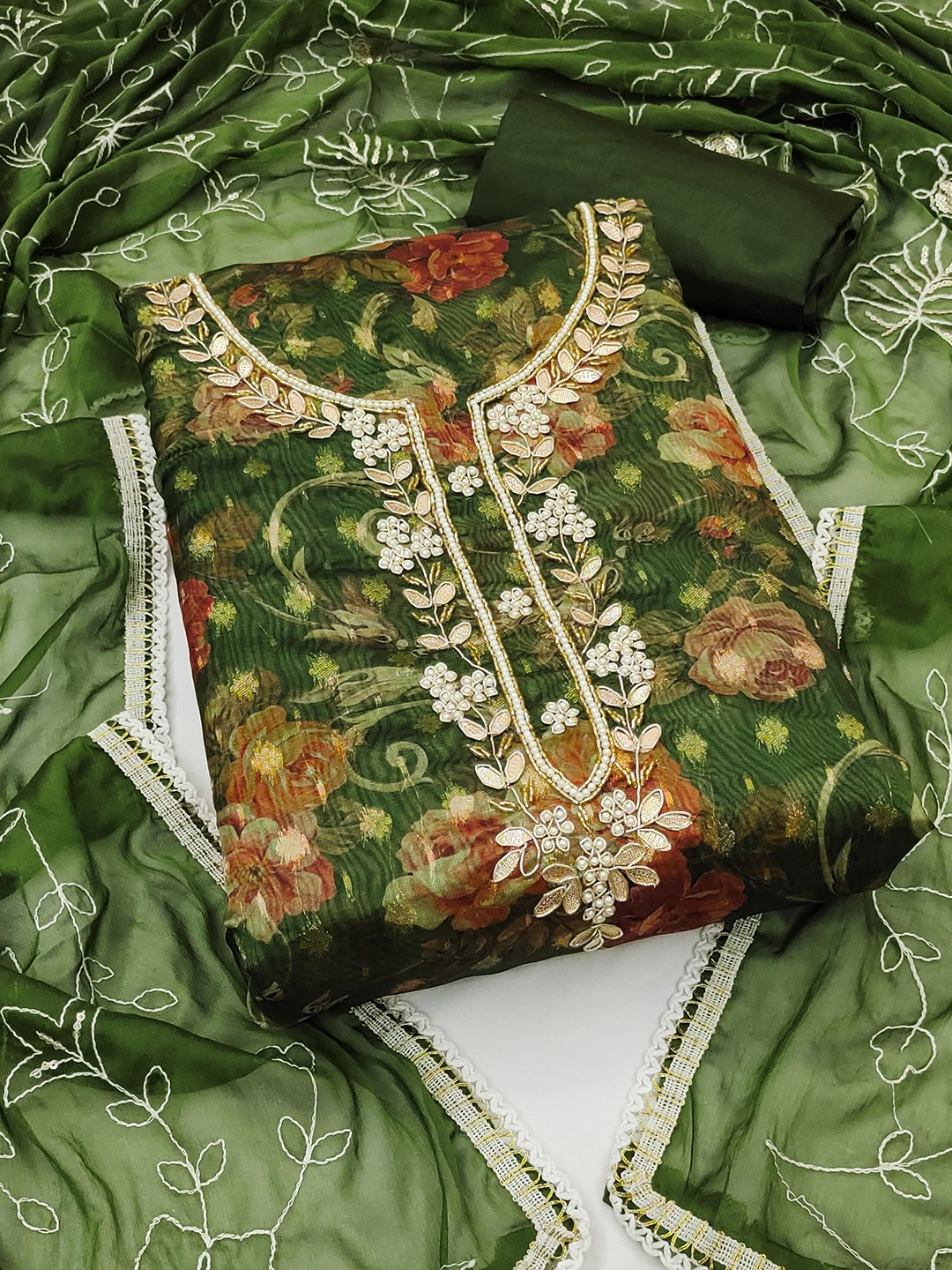 

MAHALASA Floral Printed Beads & Stones Unstitched Dress Material, Olive