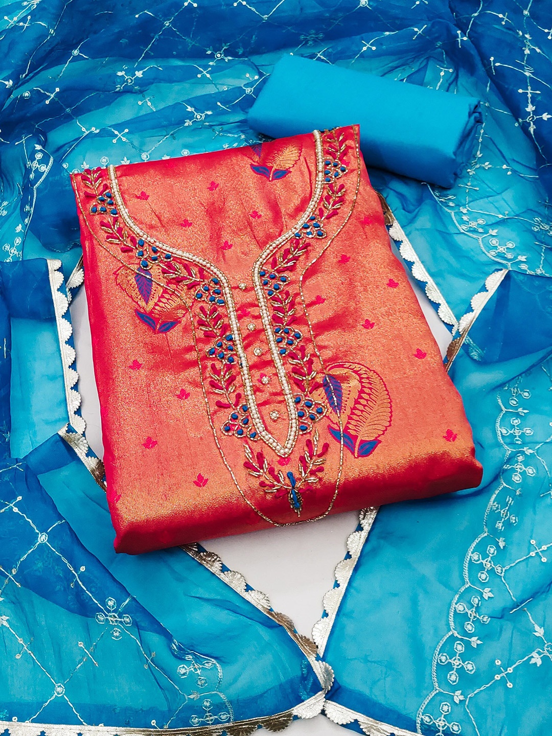 

MAHALASA Ethnic Motifs Embroidered Stones & Beads Unstitched Dress Material, Orange