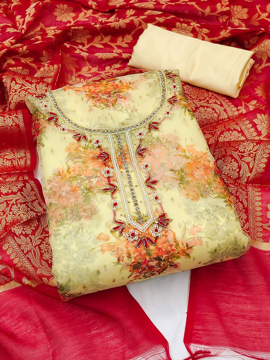 

MAHALASA Embroidered Unstitched Dress Material, Cream