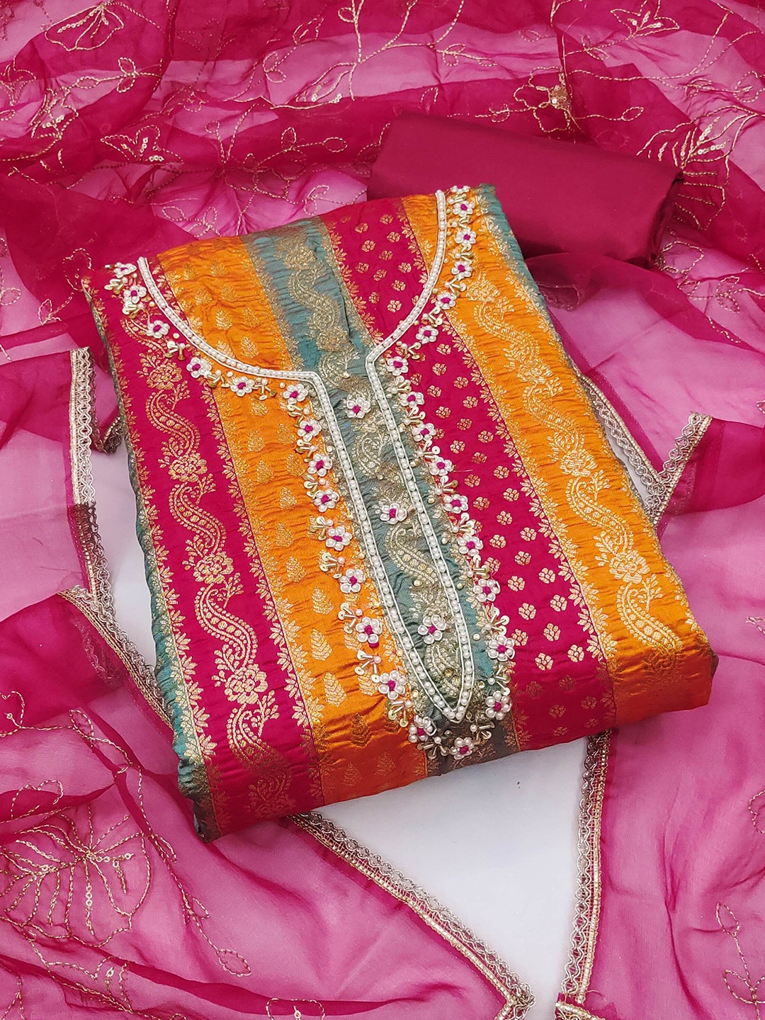 

MAHALASA Embroidered Unstitched Dress Material, Pink