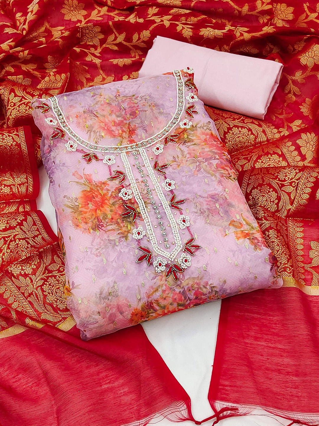 

MAHALASA Floral Printed Beads & Stones Unstitched Dress Material, Pink