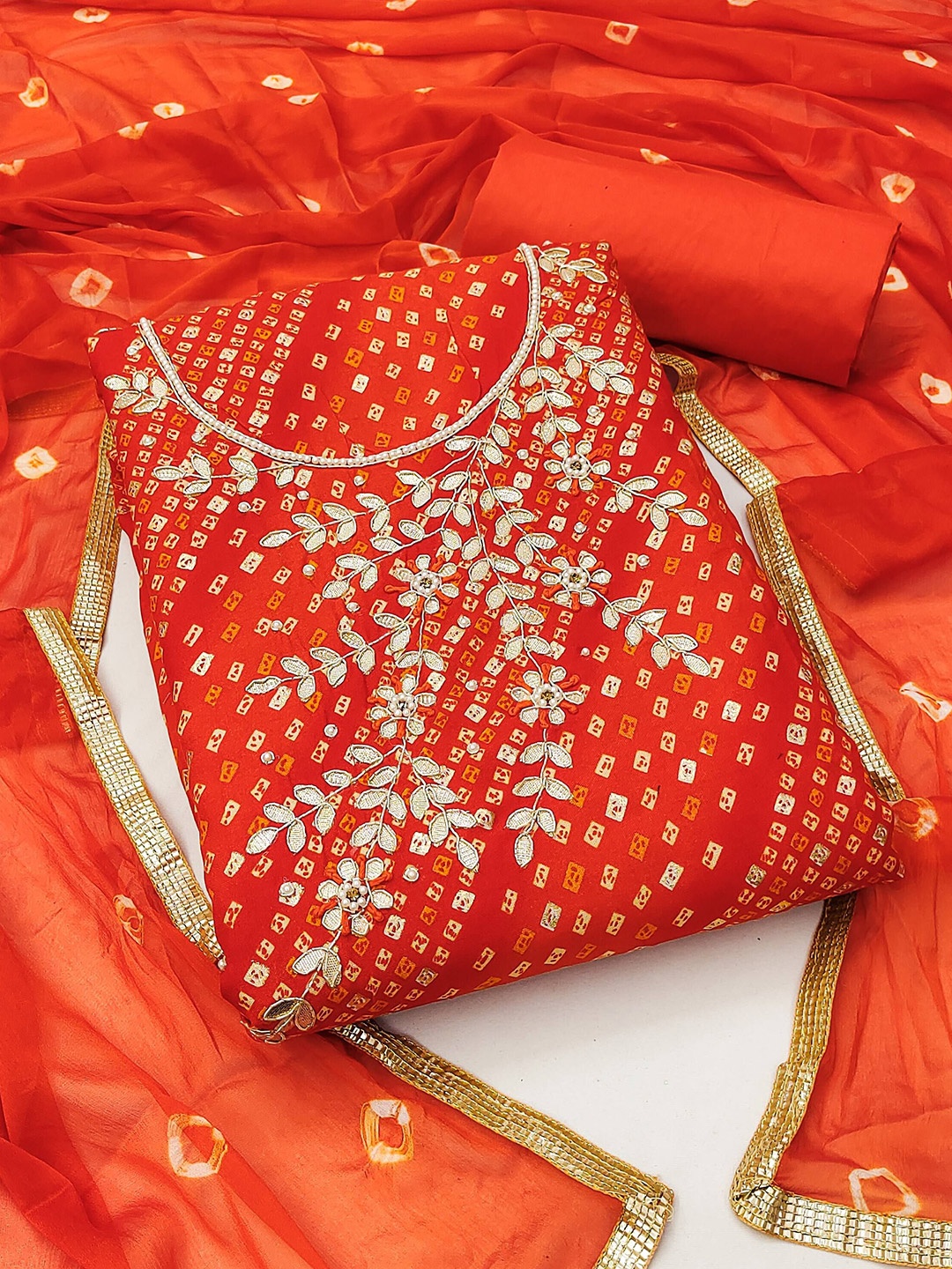 

MAHALASA Floral Embroidered Unstitched Dress Material, Orange