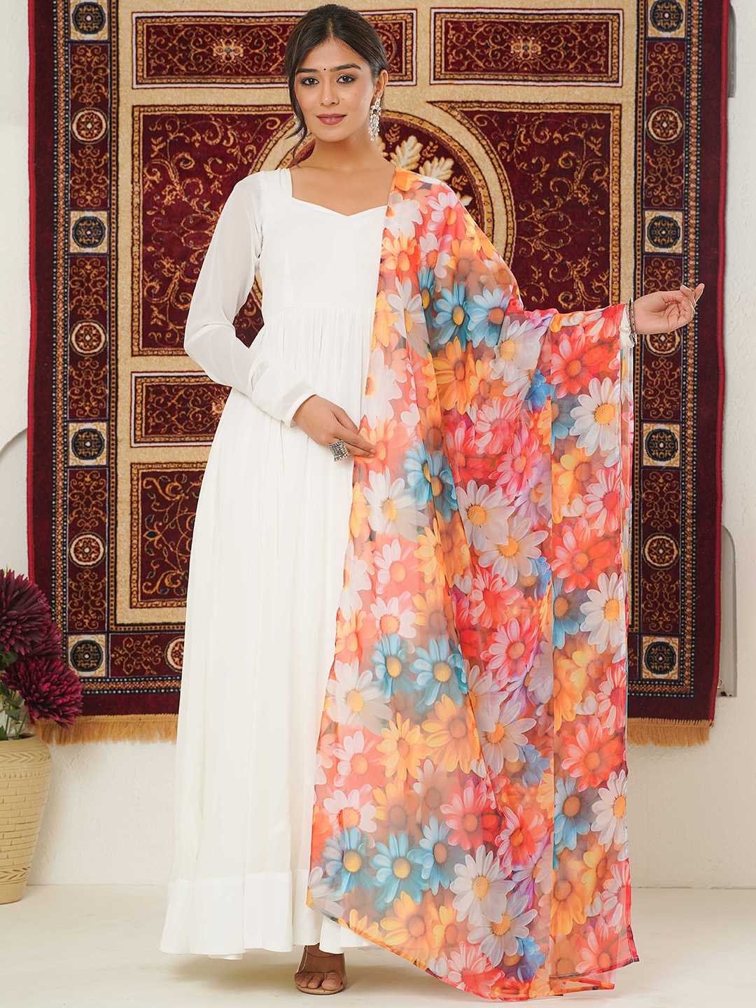 

KHIZAN Sweetheart Neck Anarkali Ethnic Dress With Dupatta, White