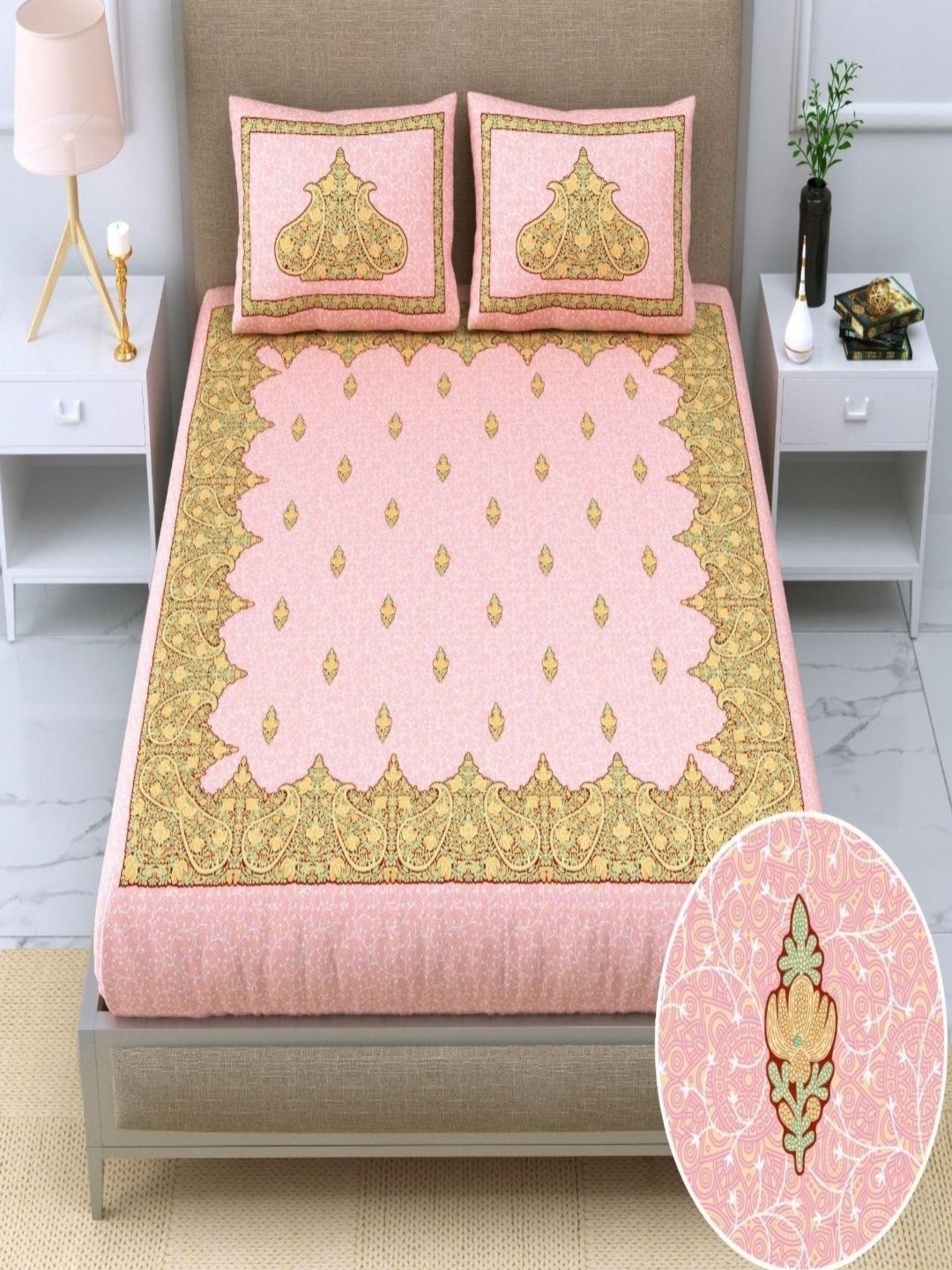 

Qfab Pink & Yellow Printed 350 TC Cotton Super King Bedsheet with 2 Pillow Covers