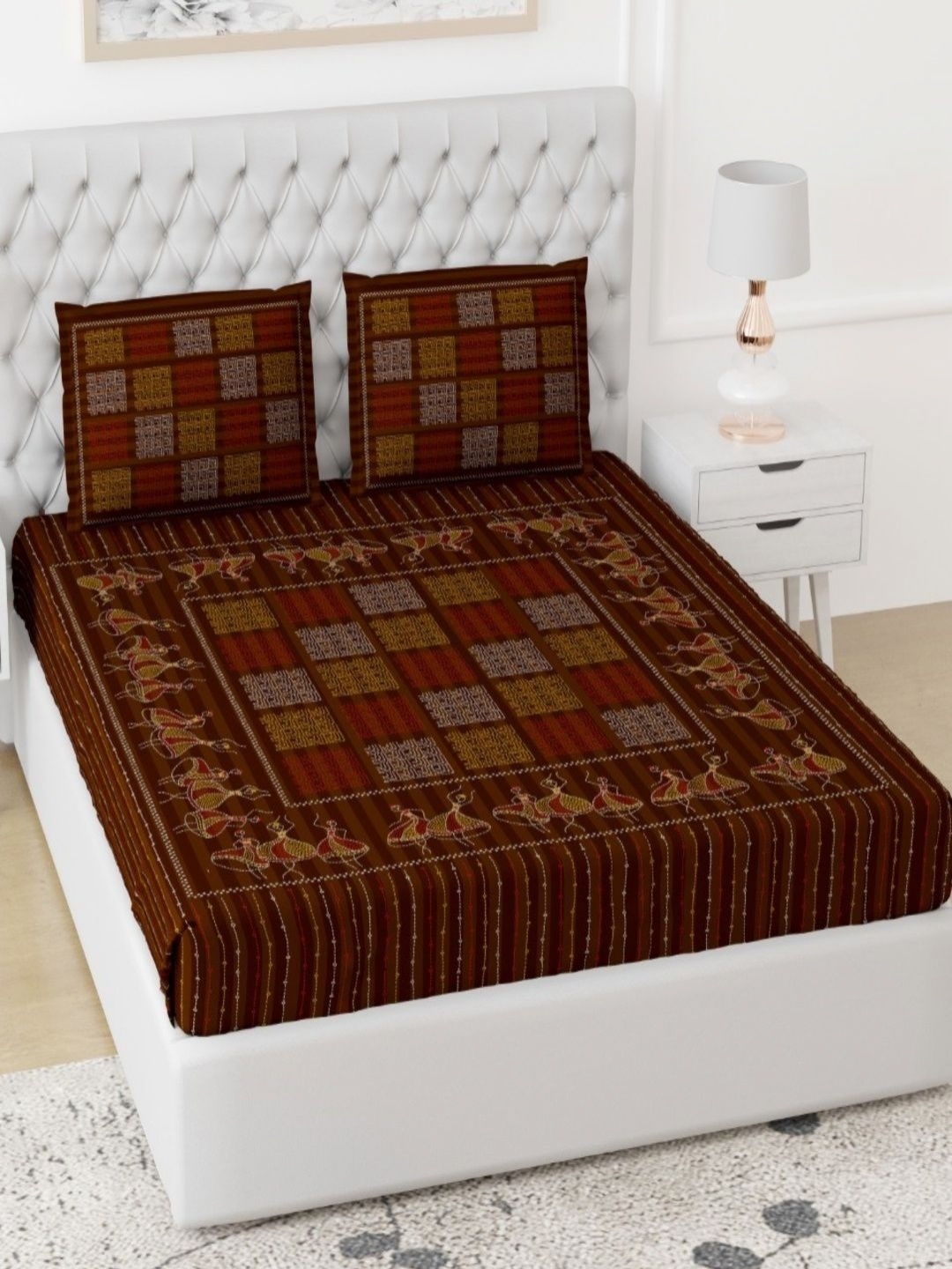 

Qfab Brown & White Printed 350 TC Cotton Super King Bedsheet with 2 Pillow Covers