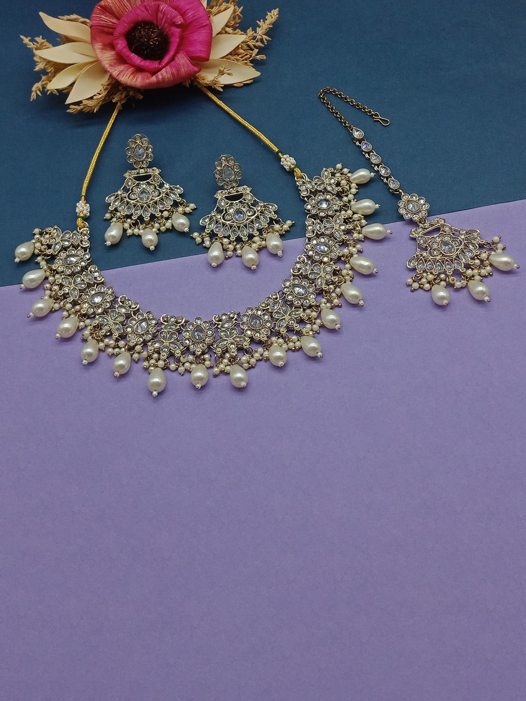 

AASHISH IMITATION Rhodium Plated American Diamond Studded Jewellery Set, Gold