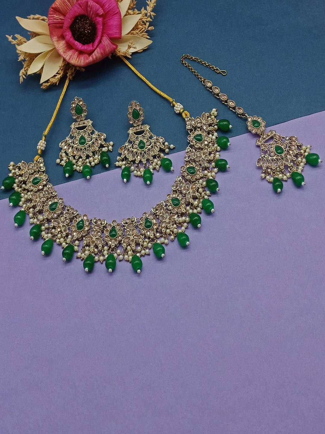 

AASHISH IMITATION Rhodium Plated American Diamond Studded Jewellery Set, Gold