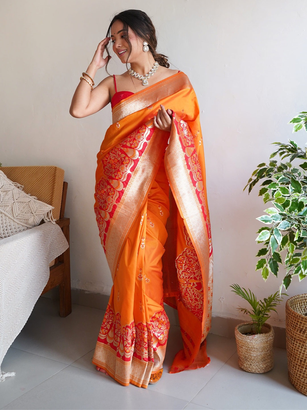 

MBL Woven Design Banarasi Zari Pure Silk Saree, Orange