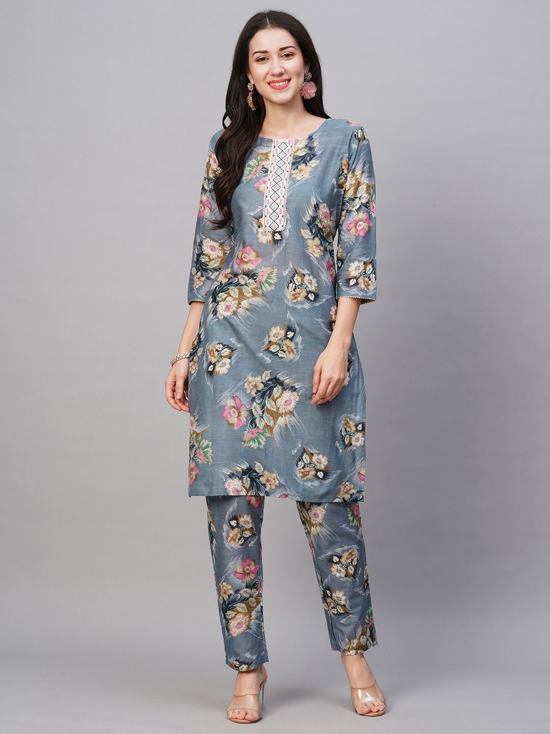 

KALINI Women Floral Printed Regular Pure Cotton Kurta with Trousers, Grey