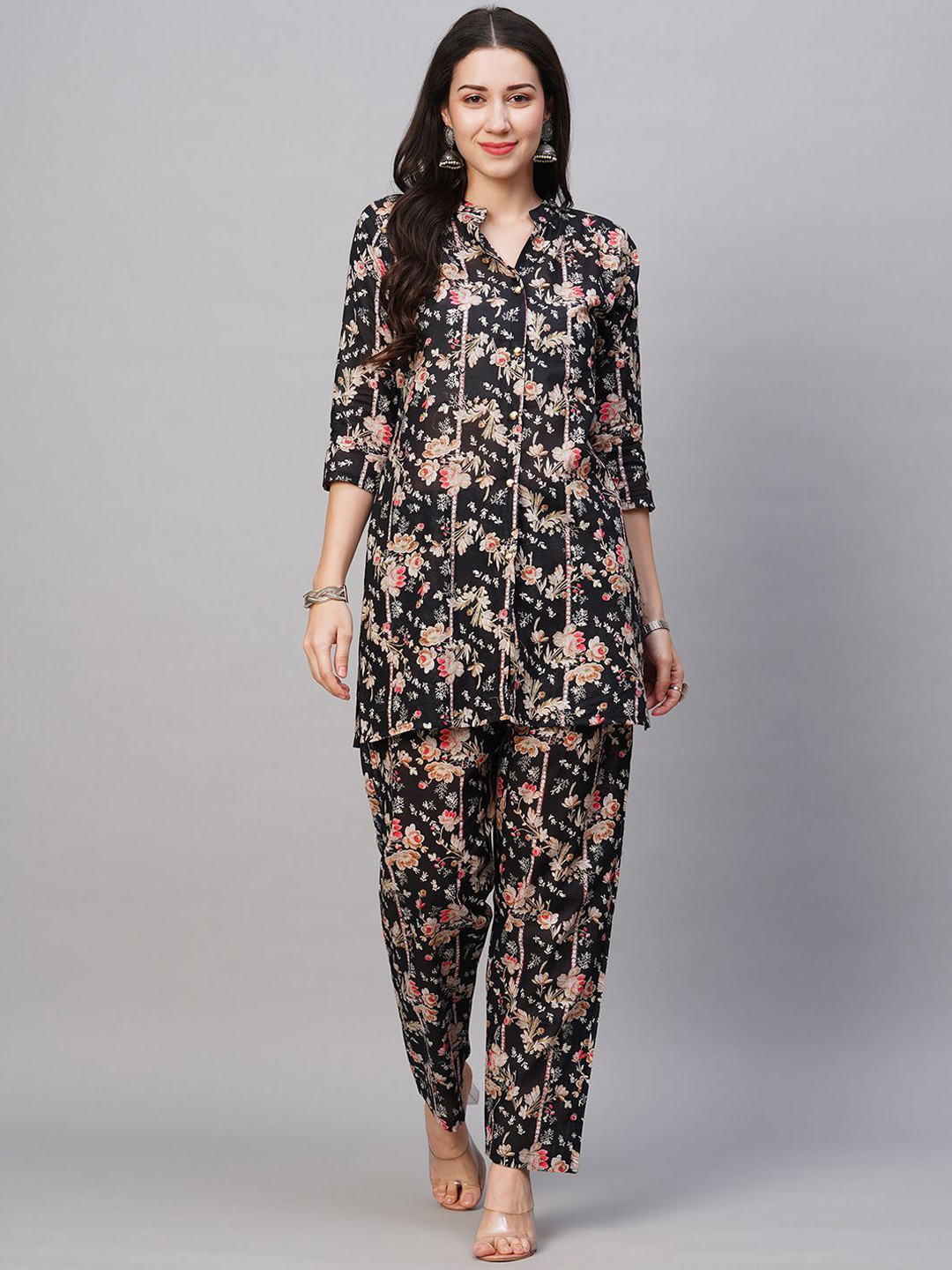 

KALINI Floral Printed Mandarin Collar Pure Cotton Tunic with Trousers, Black