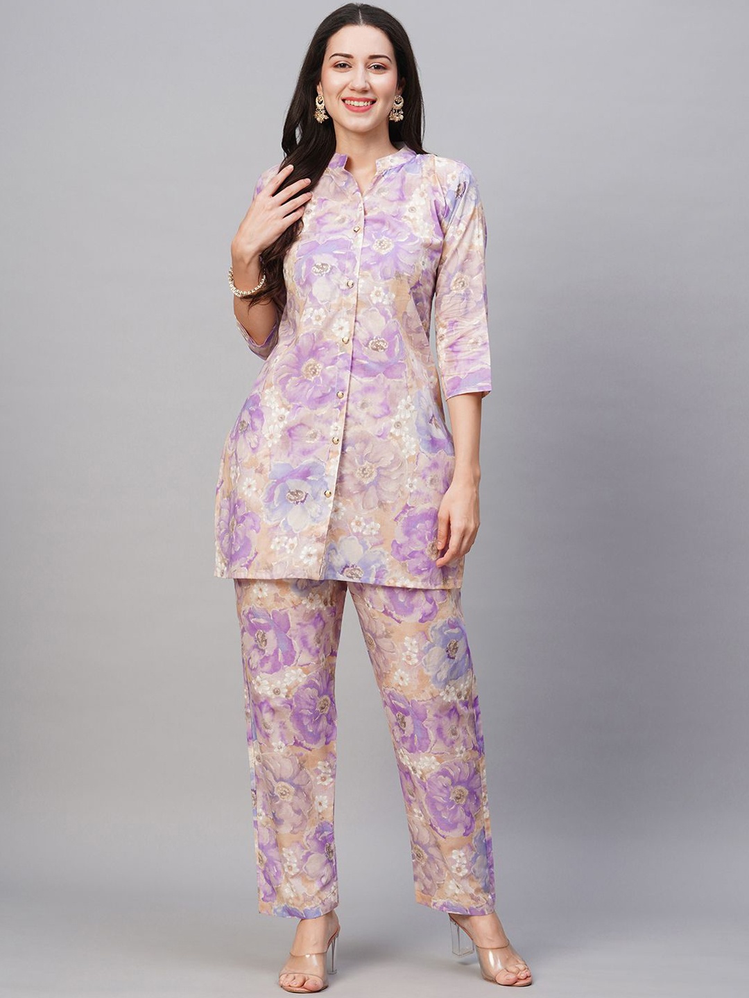 

KALINI Printed Pure Cotton Tunic & Trousers Set, Lavender