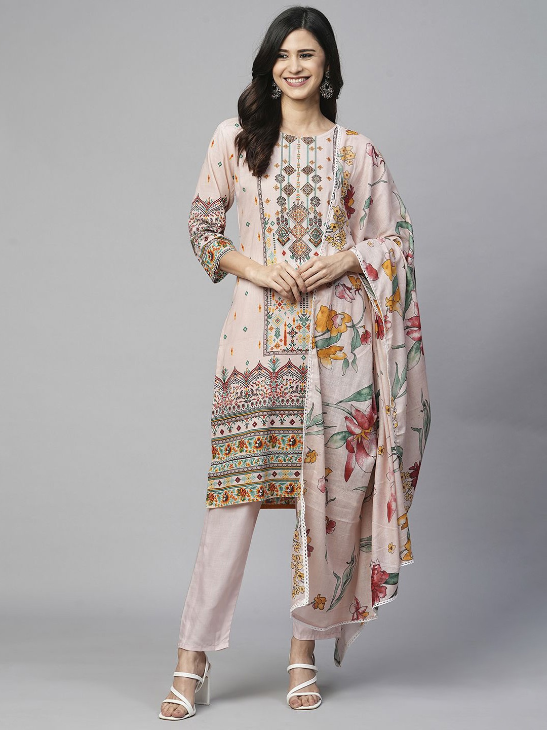 

KALINI Floral Printed Regular Beads and Stones Pure Cotton Kurta with Trousers & Dupatta, Beige