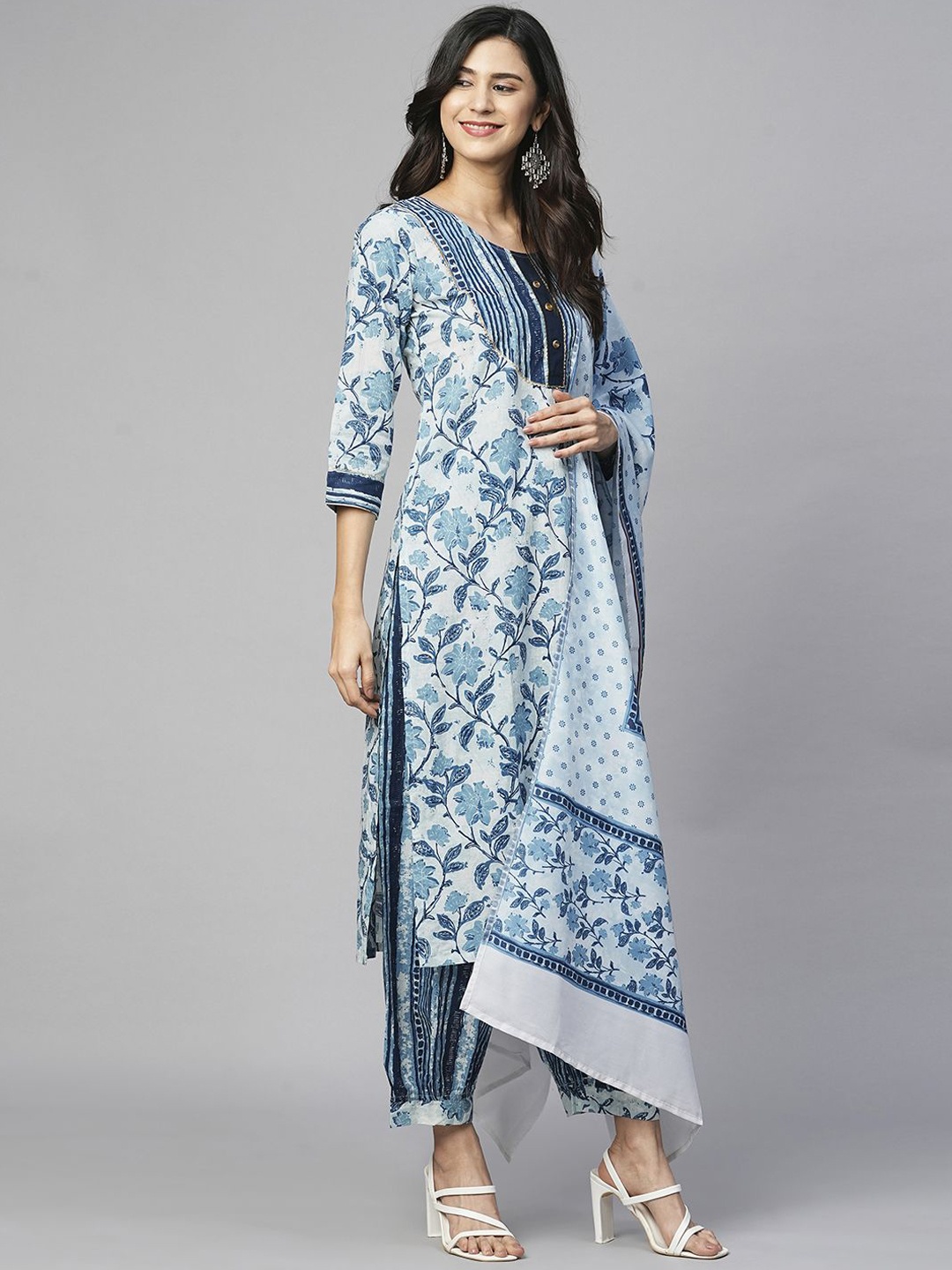 

KALINI Floral Printed Pure Cotton Straight Kurta With Salwar & Dupatta, Blue