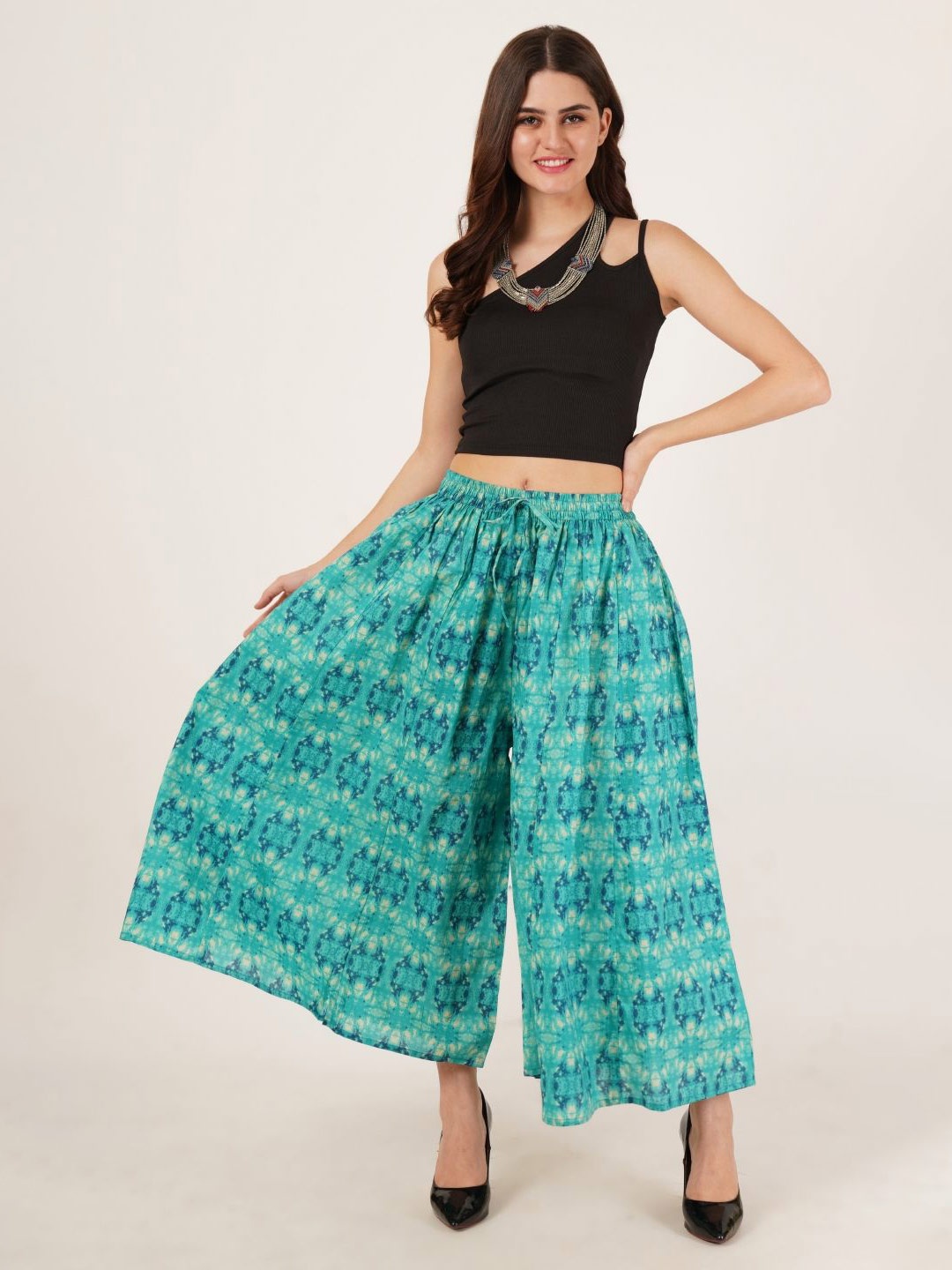 

KALINI Jaipuri Cotton Geometric Printed Palazzo Pants For Women, Turquoise blue