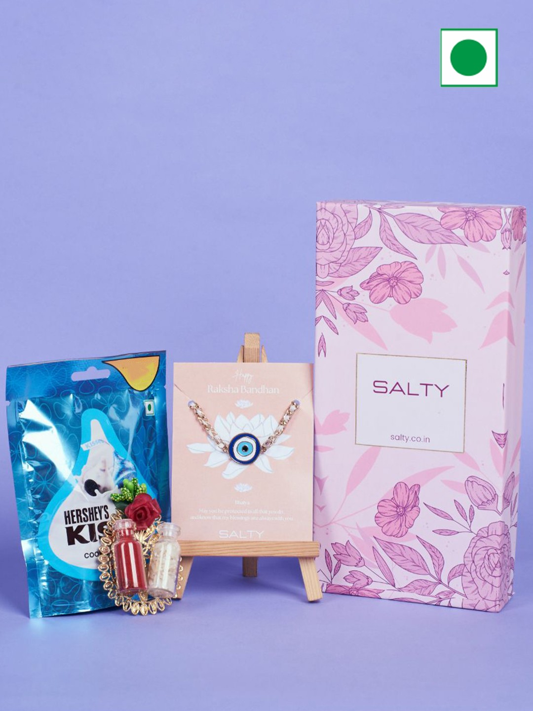

SALTY Evil Eye Thread Rakhi With Hershey Kisses Chocolate, Gold