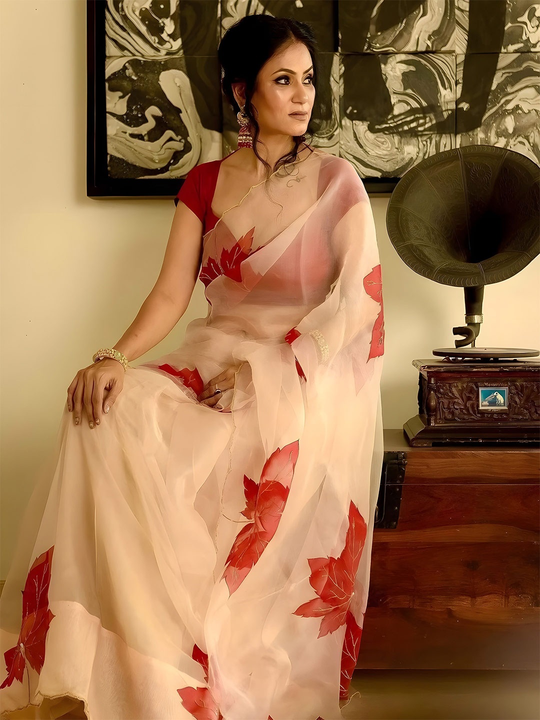 

Anouk Floral Organza Saree, Cream