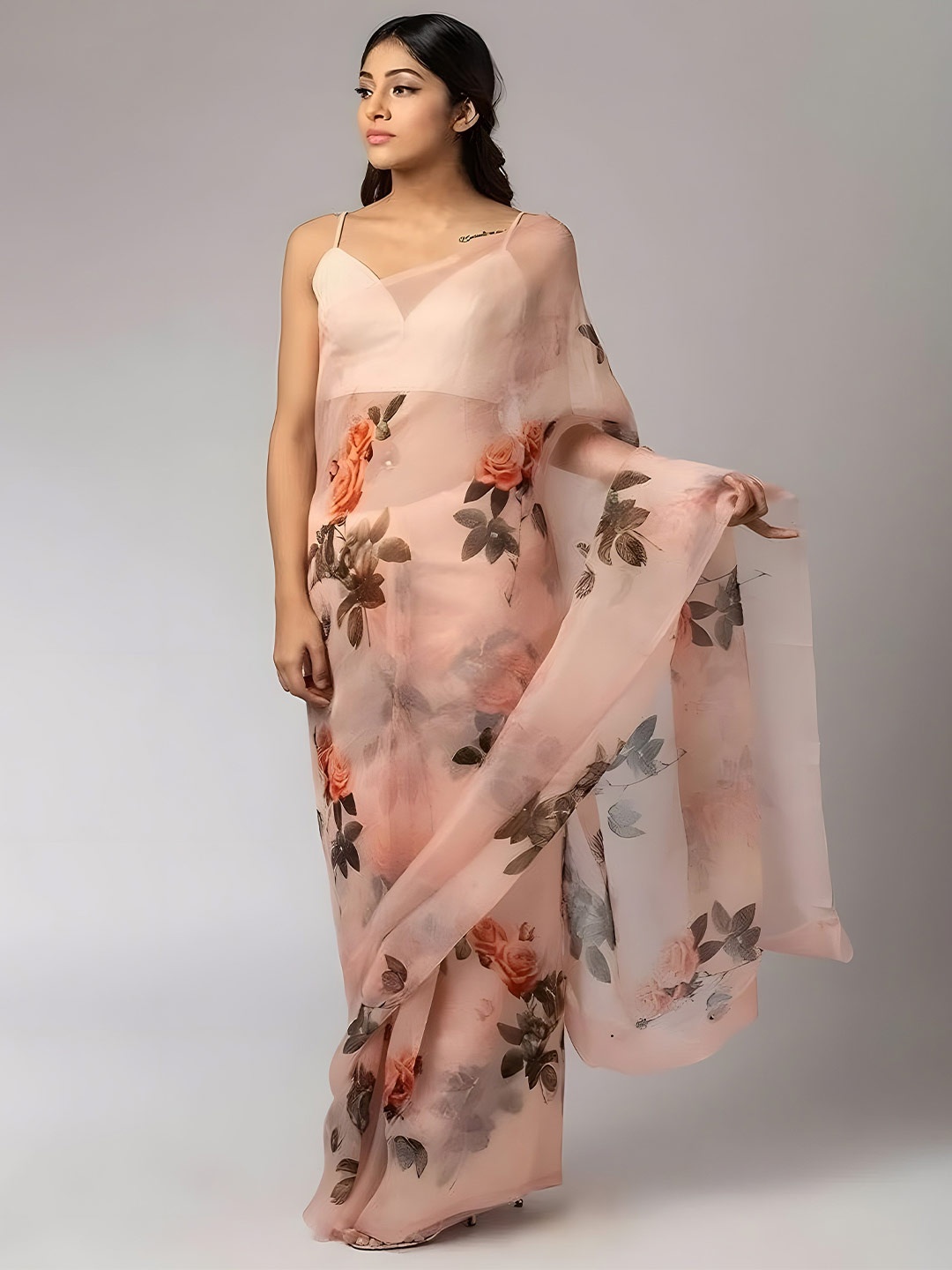 

Anouk Organza Floral Festive Celebrity Saree, Peach