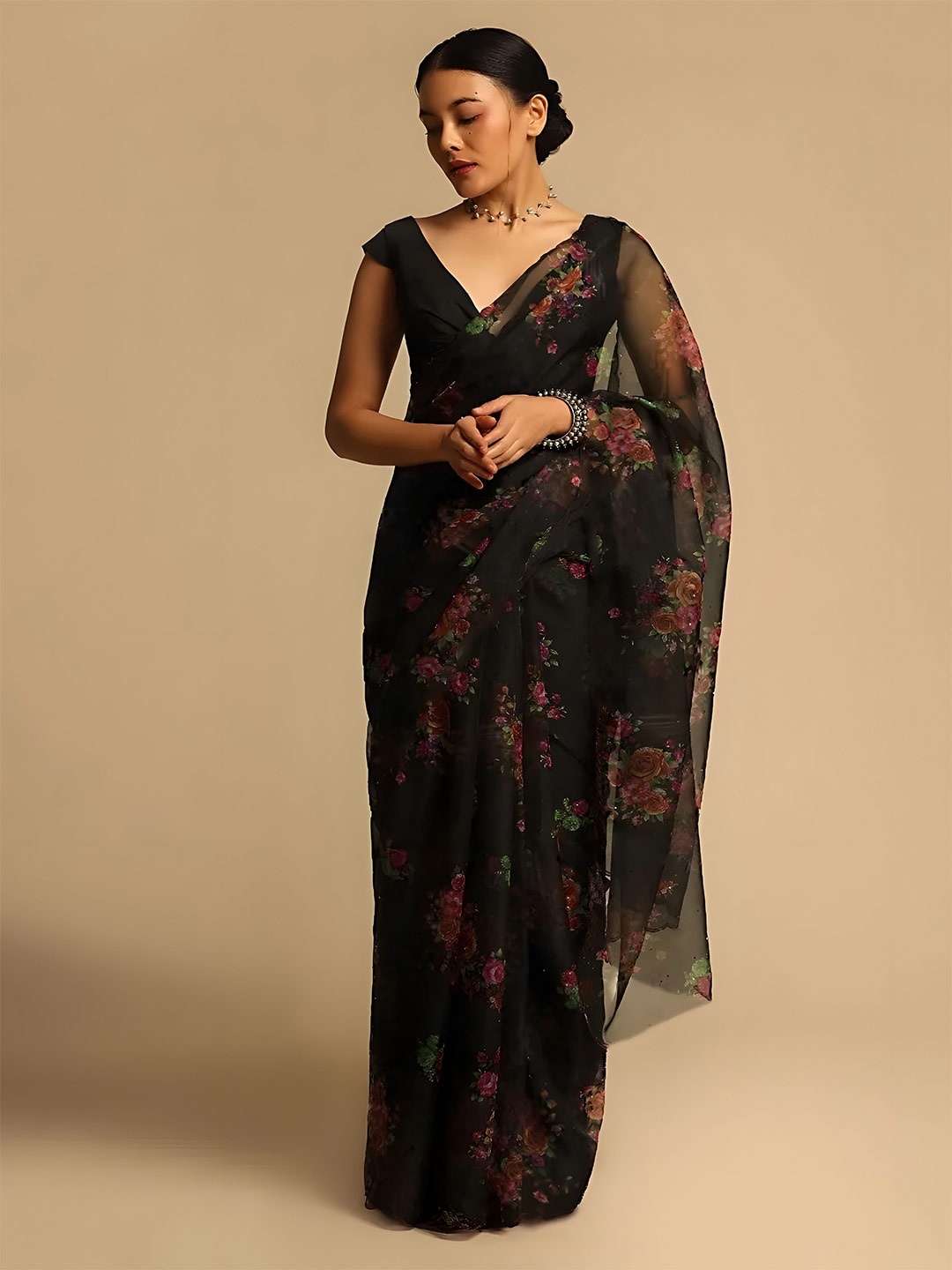 

Anouk Floral Organza Saree with Blouse, Black