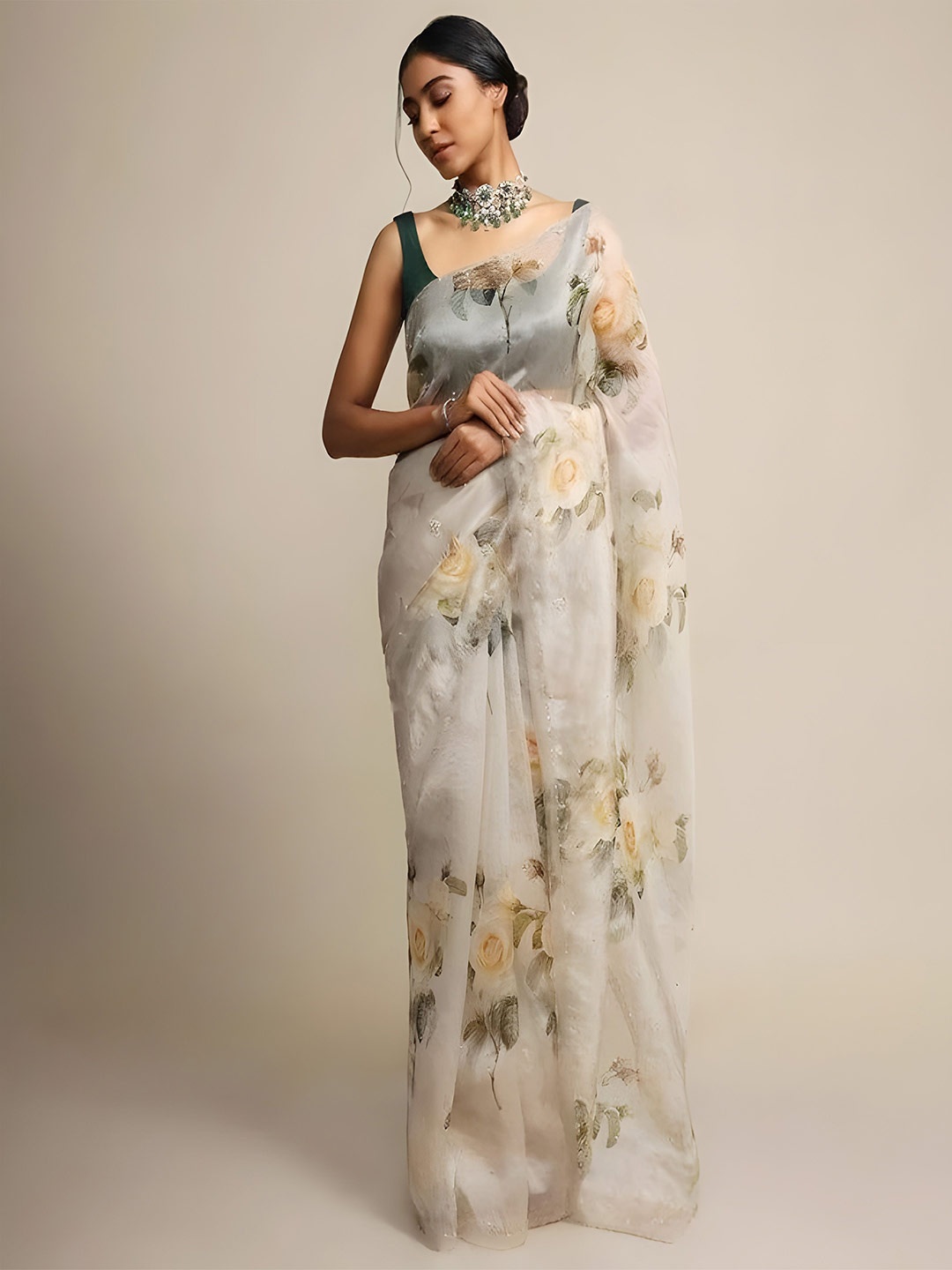 

Anouk Floral Organza Saree, Cream