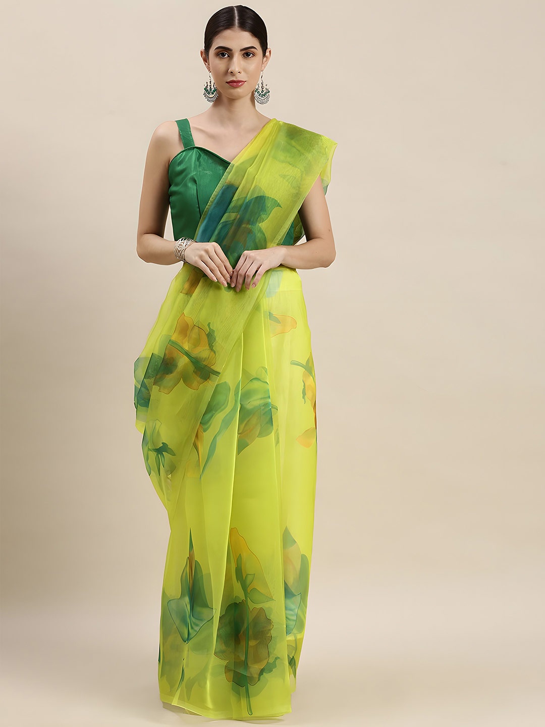 

Anouk Organza Floral Printed Festive Celebrity Saree, Lime green