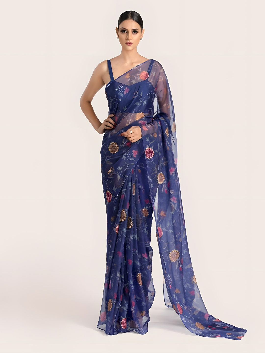 

Anouk Floral Printed Organza Saree, Navy blue