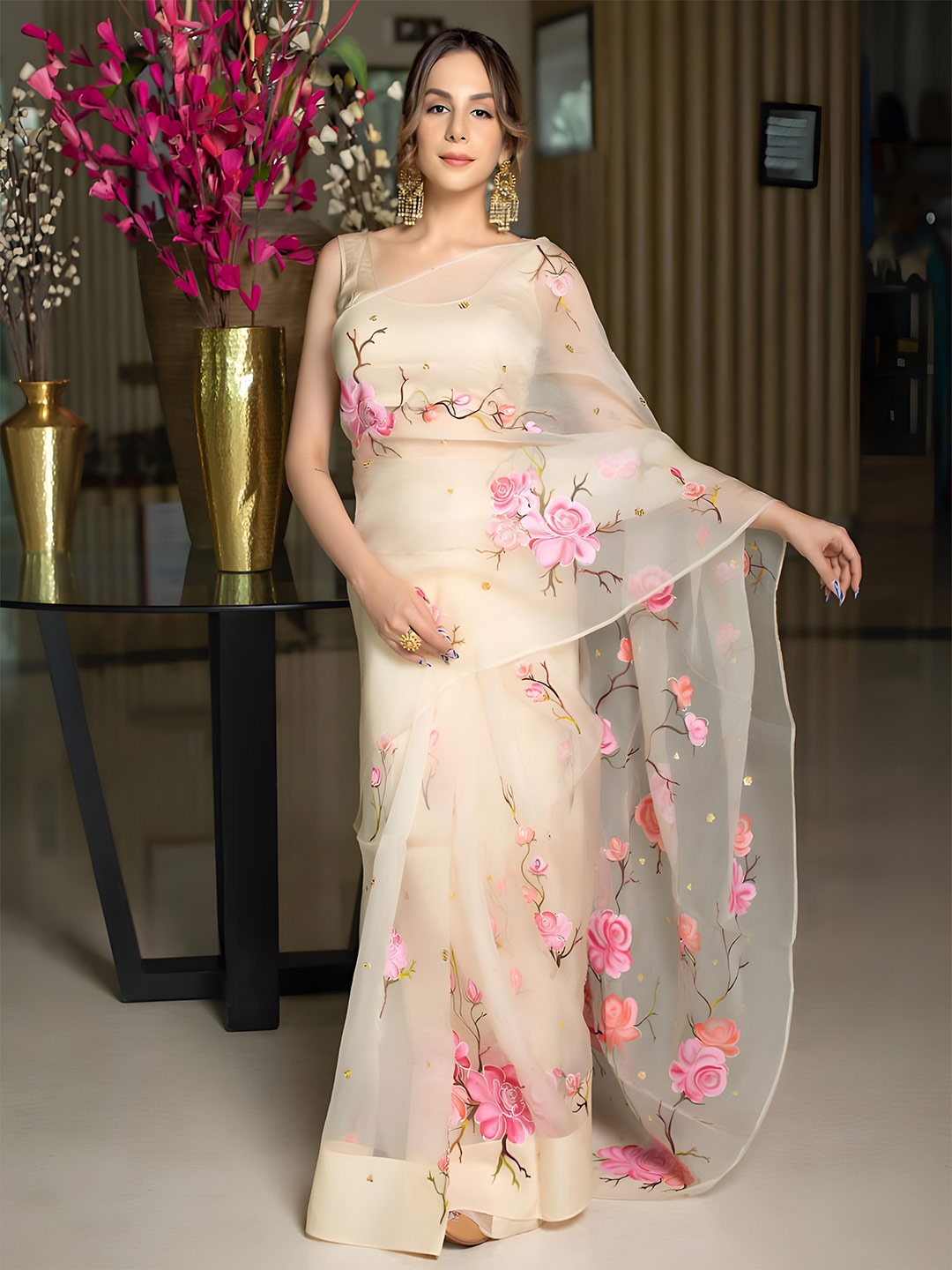 

Anouk Floral Organza Saree, Cream