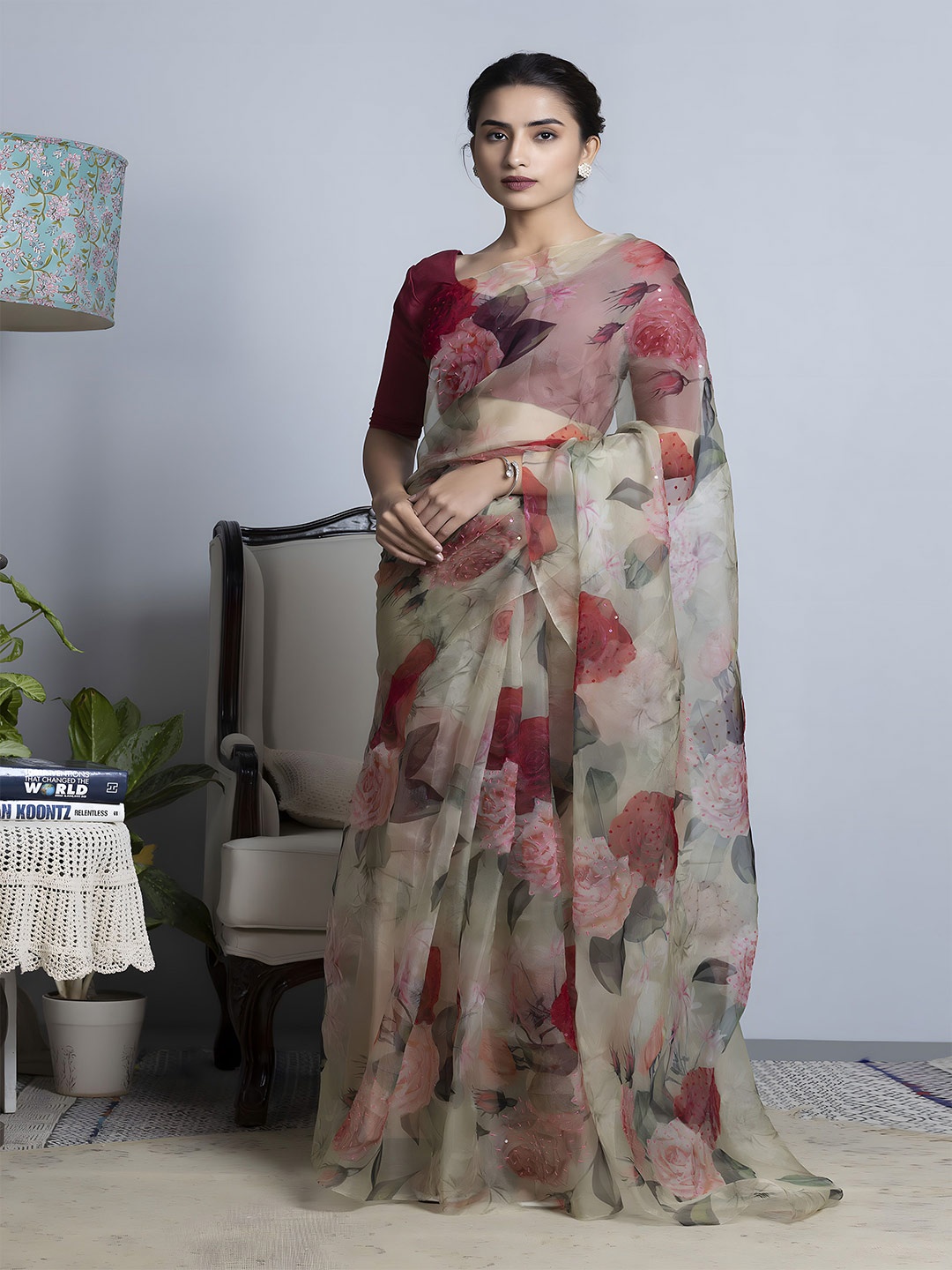 

Anouk Organza Floral Daily Celebrity Saree, Green