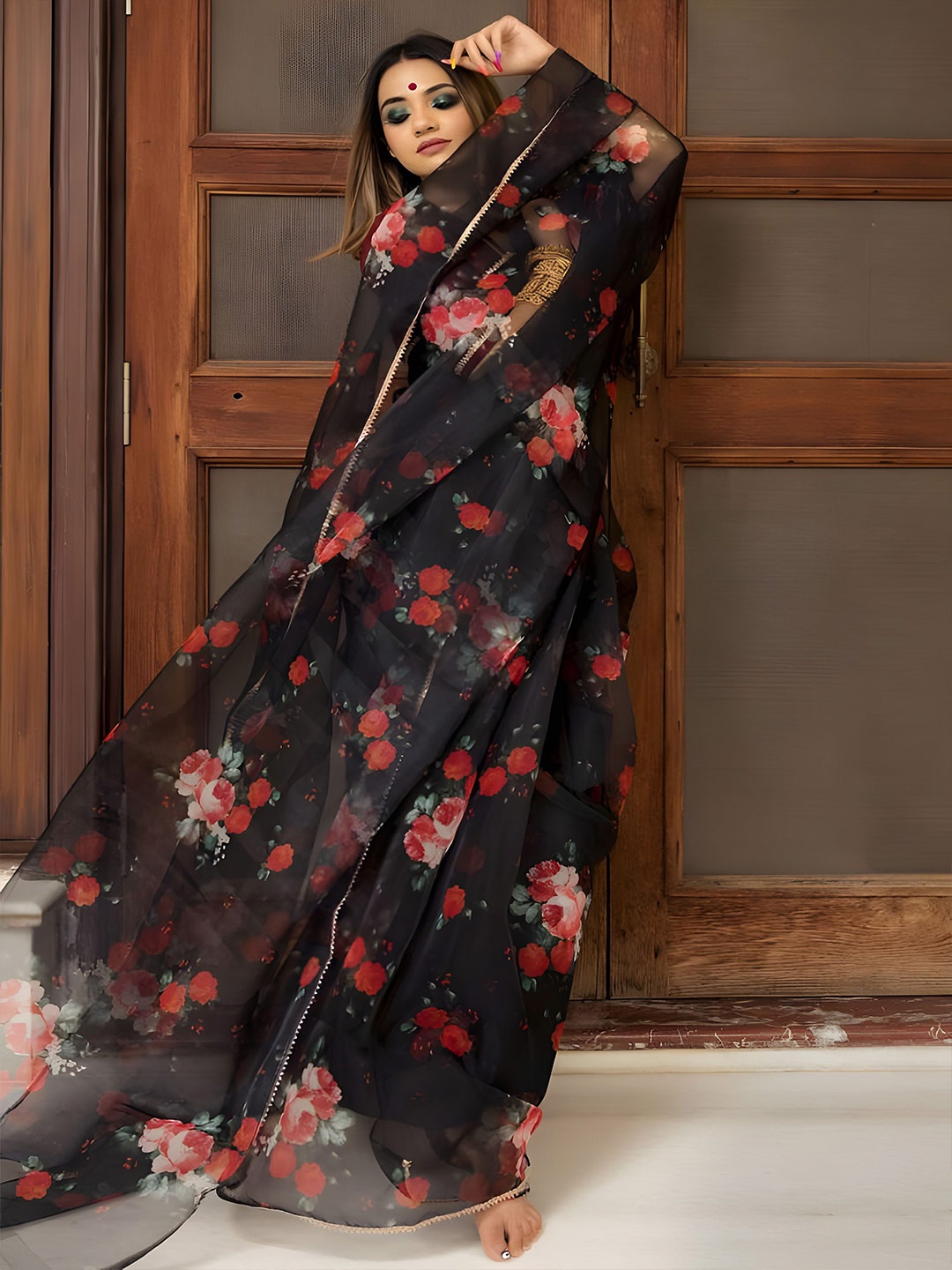 

Anouk Floral Organza Saree, Black