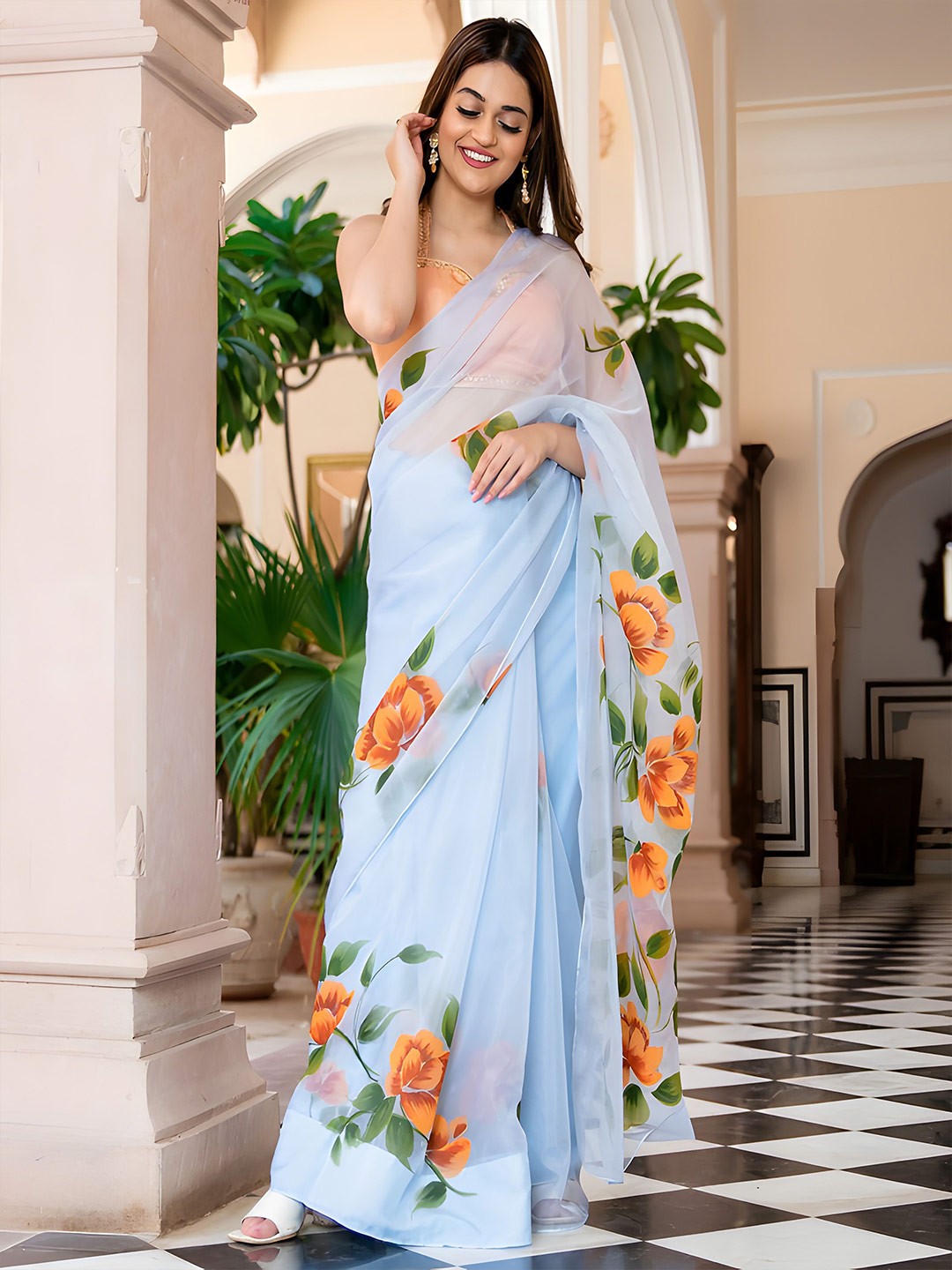 

Anouk Floral Saree With Blouse, Blue