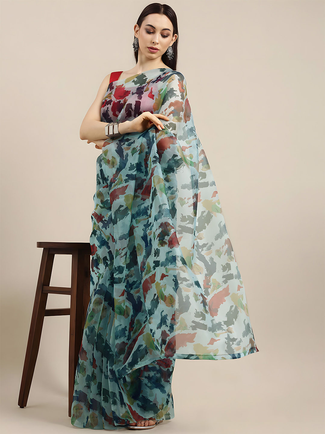 

Anouk Printed Organza Saree, Teal