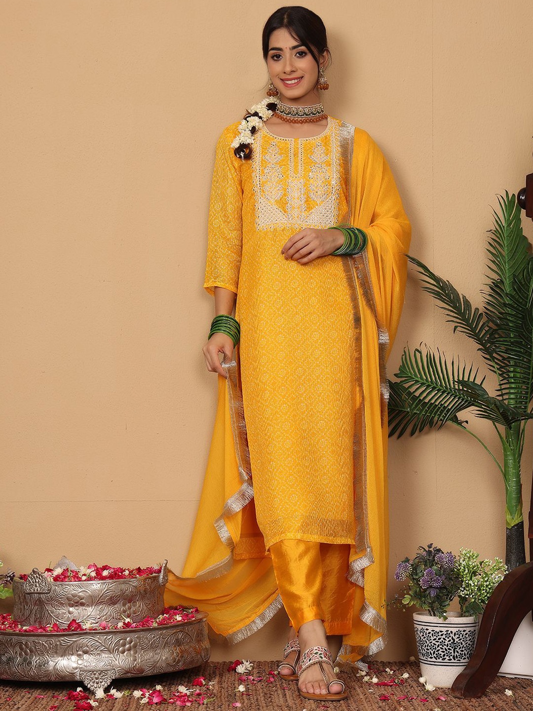 

Varanga Women Bandhani Print Embroidered Mirror Work Kurta with Trousers & Fringed Dupatta, Mustard