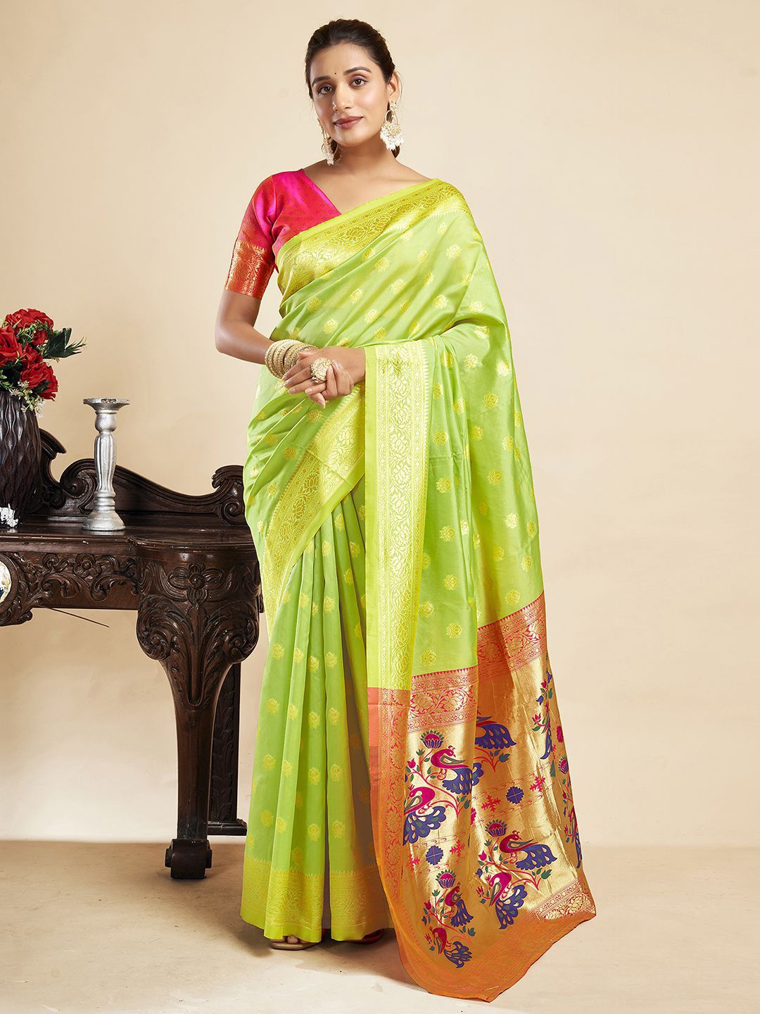 

KALINI Zari Woven Pure Silk Paithani Saree, Green