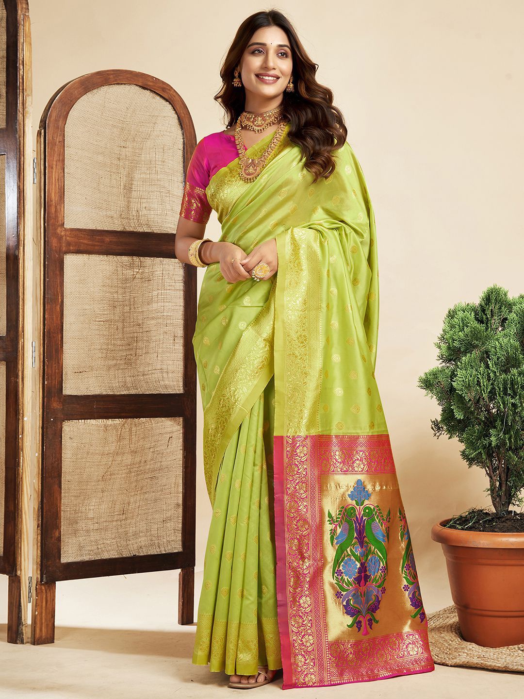 

KALINI Ethnic Motifs Zari Pure Silk Paithani Saree, Green