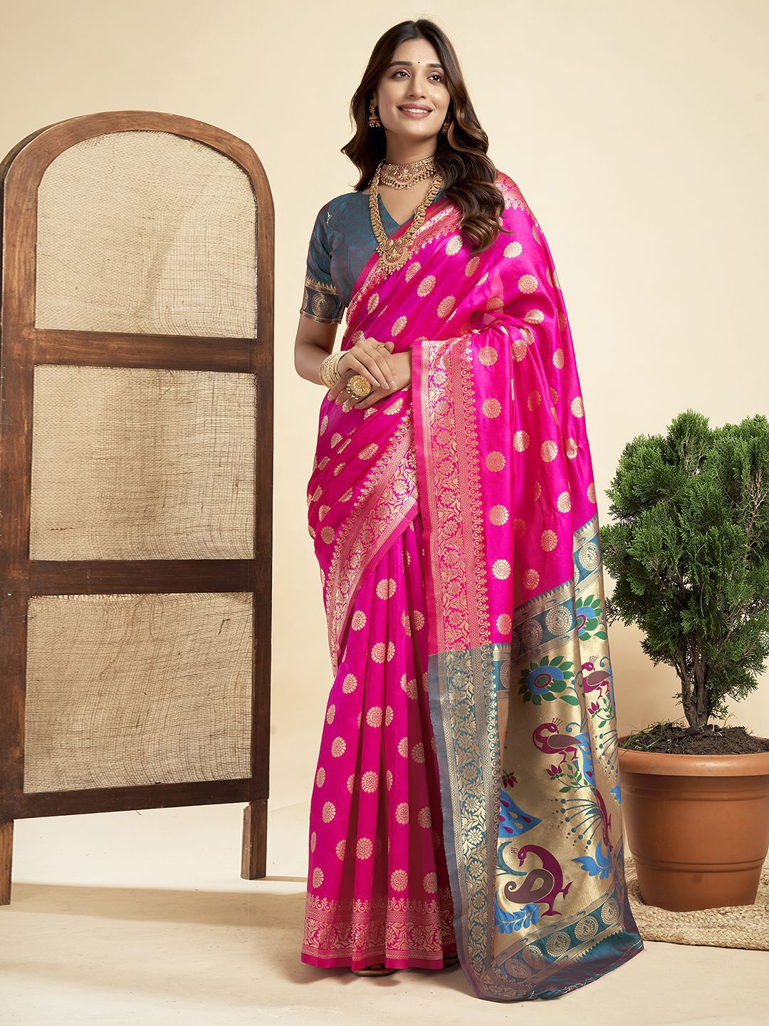 

KALINI Women Woven Design Zari Pure Silk Paithani Saree, Pink