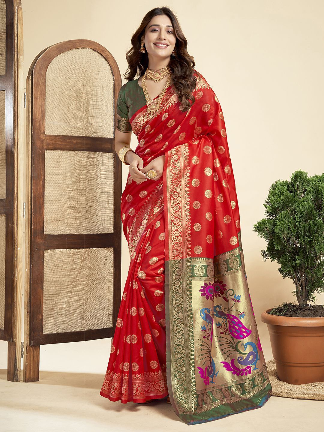 

KALINI Woven Design Zari Pure Silk Paithani Saree, Red