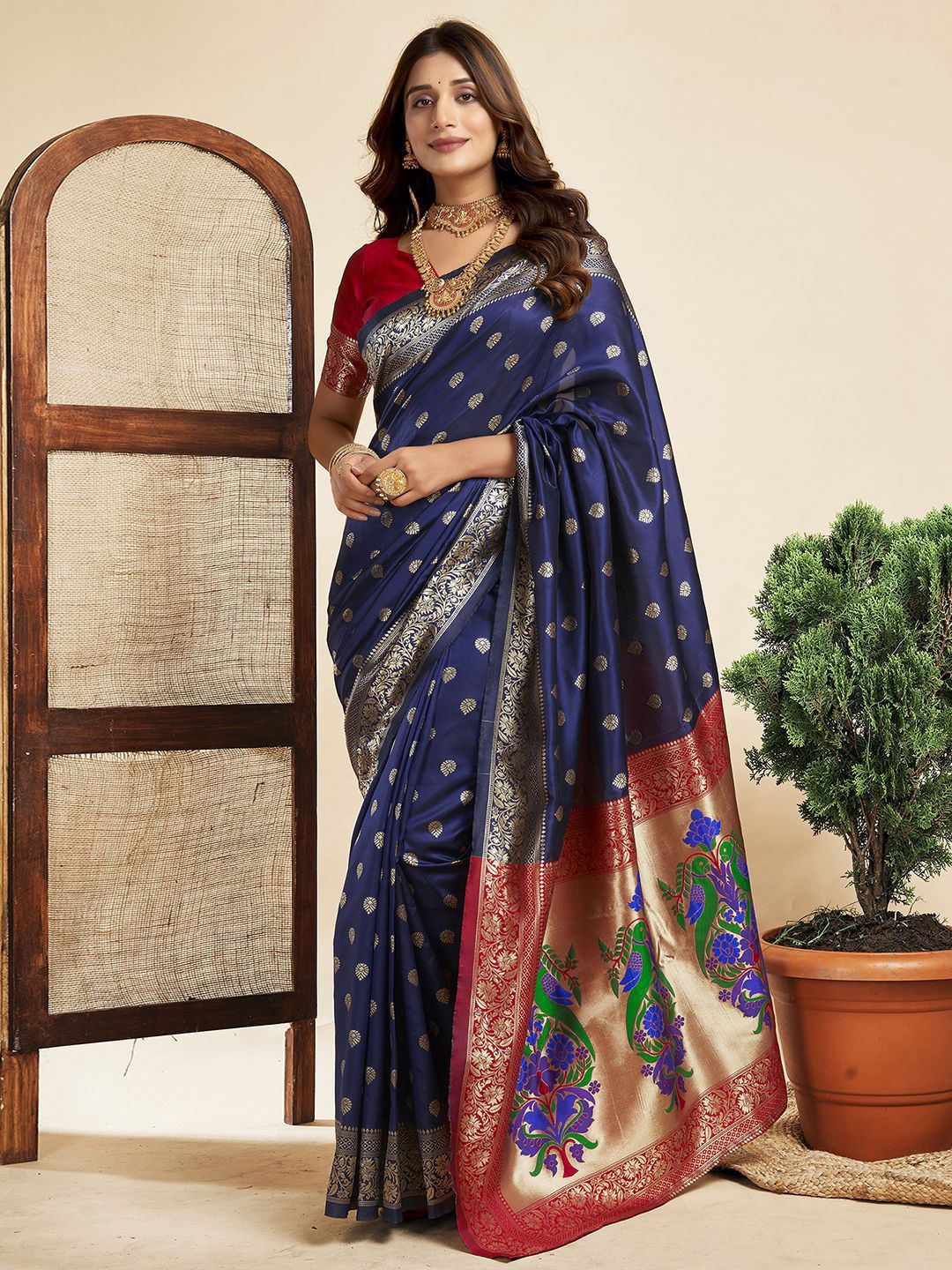 

KALINI Woven Design Zari Pure Silk Paithani Saree, Blue